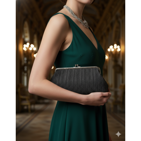 Evening Bag - Braided Straw Like w/ Metal Frame - Black - BG-92069B